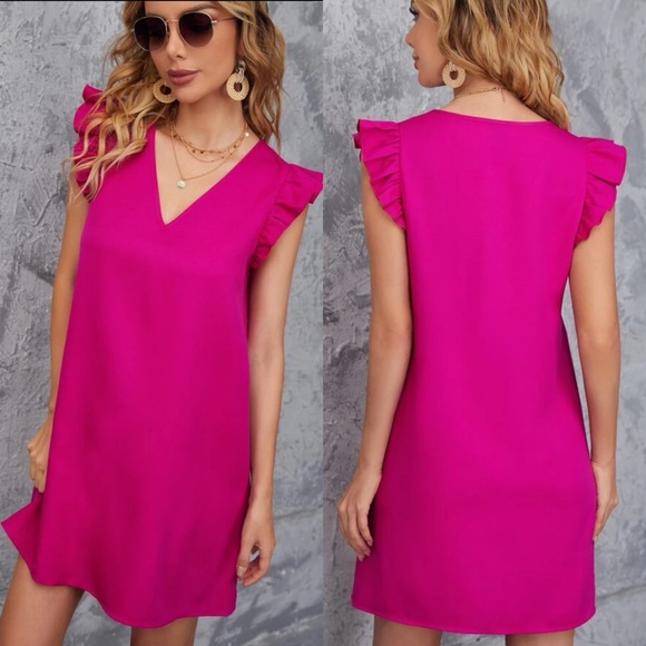 Ruffle tank sleeveless v neck solid tunic dress yellow - Picture 2 of 5